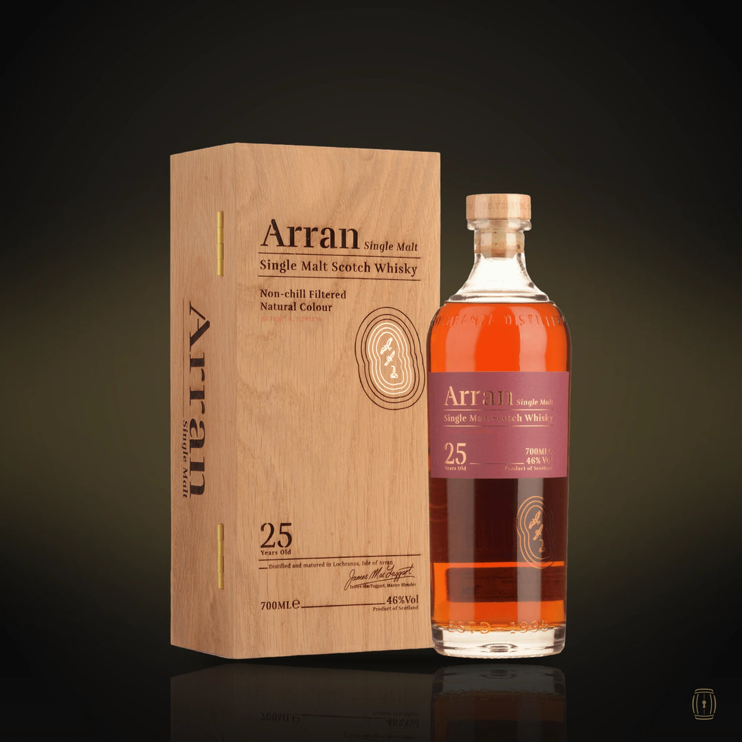 Arran 25 Year Old single malt bottle with wooden box