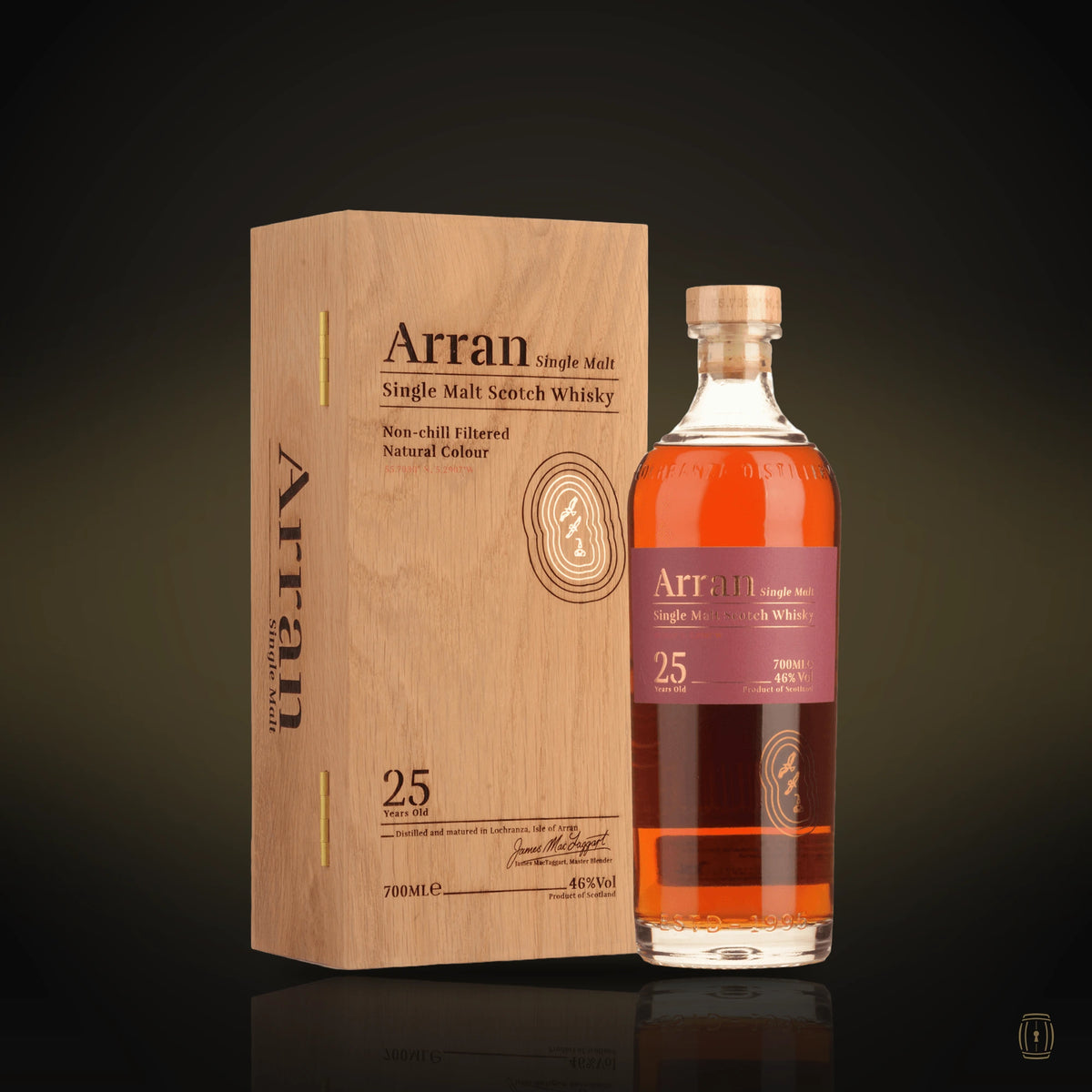 Arran 25 Year Old single malt bottle with wooden box