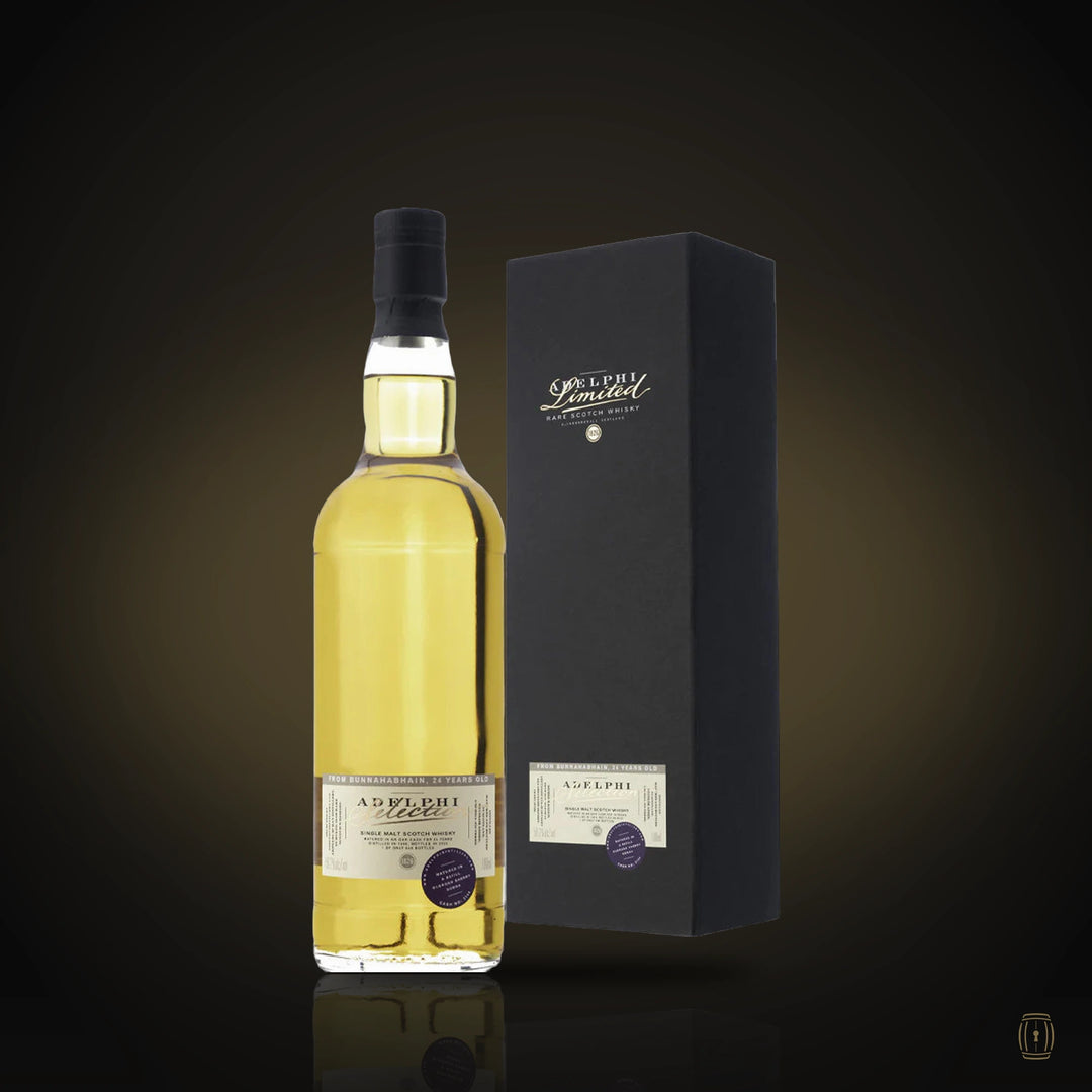 Adelphi Bunnahabhain 1998 single cask whisky bottle with black box