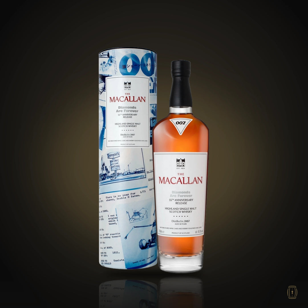 The Macallan Diamonds Are Forever 55th Anniversary bottle with blue and white tube