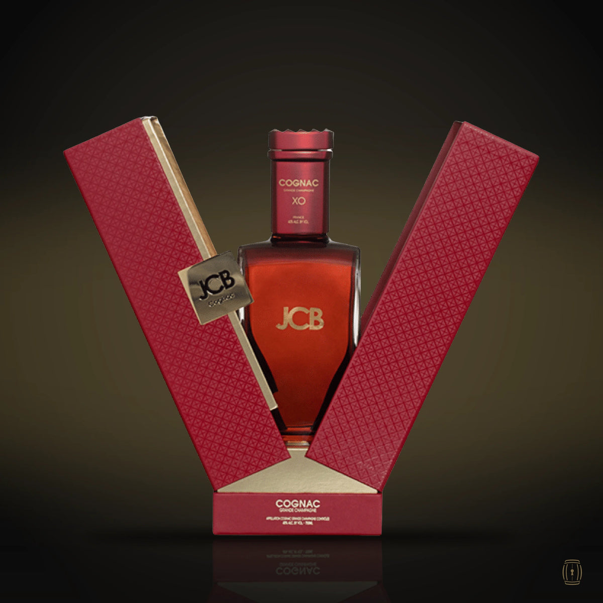 JCB XO Grande Champagne Cognac red decanter in red V-shaped presentation case