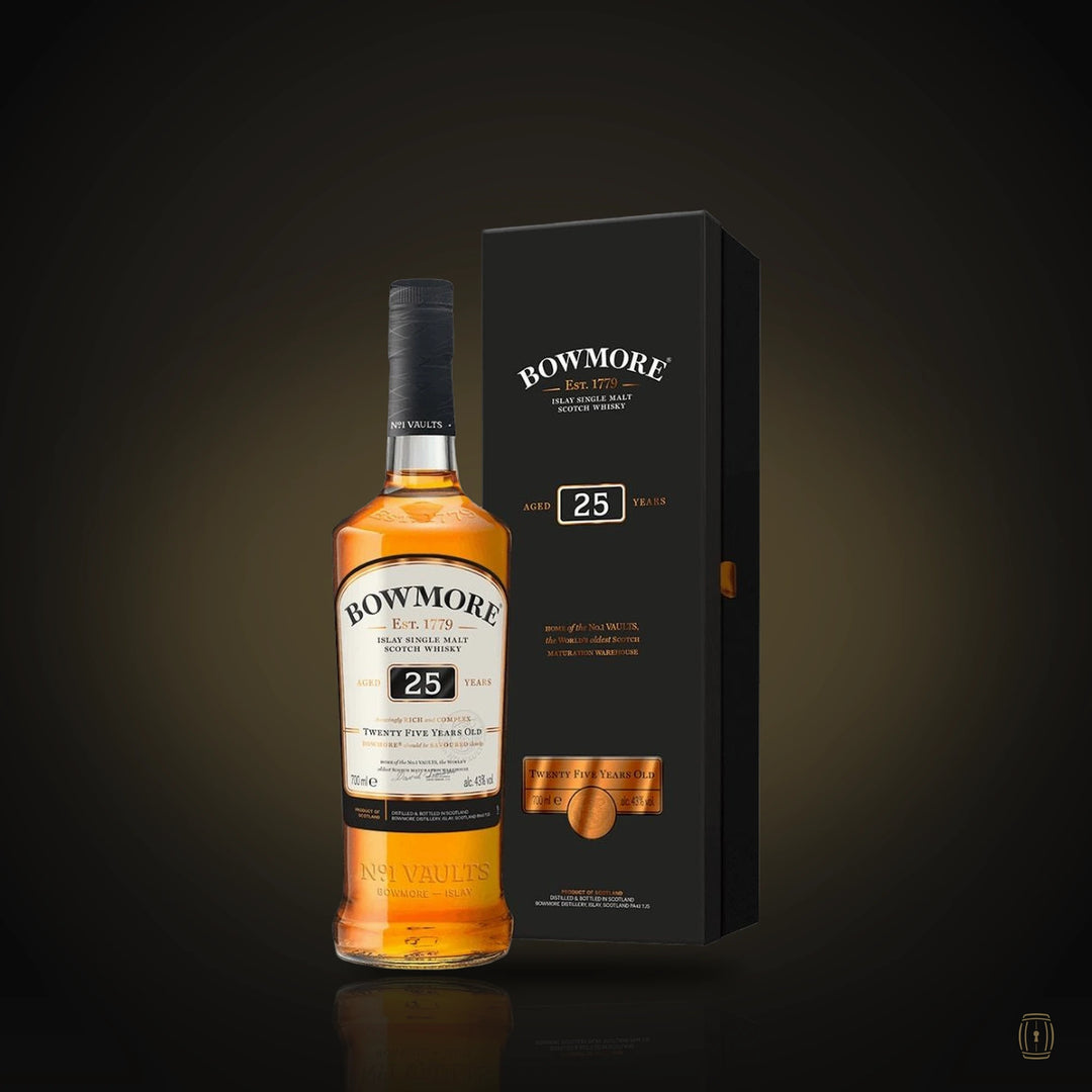 Bowmore 25 Year Old Islay single malt Scotch whisky bottle with black gift box