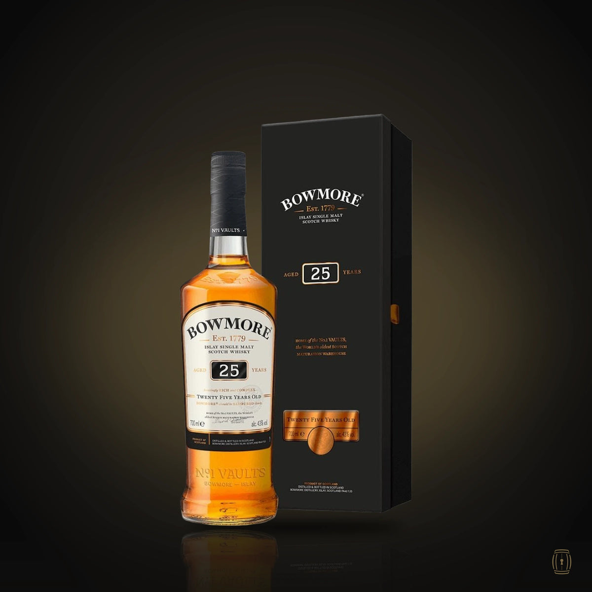 Bowmore 25 Year Old Islay single malt Scotch whisky bottle with black gift box
