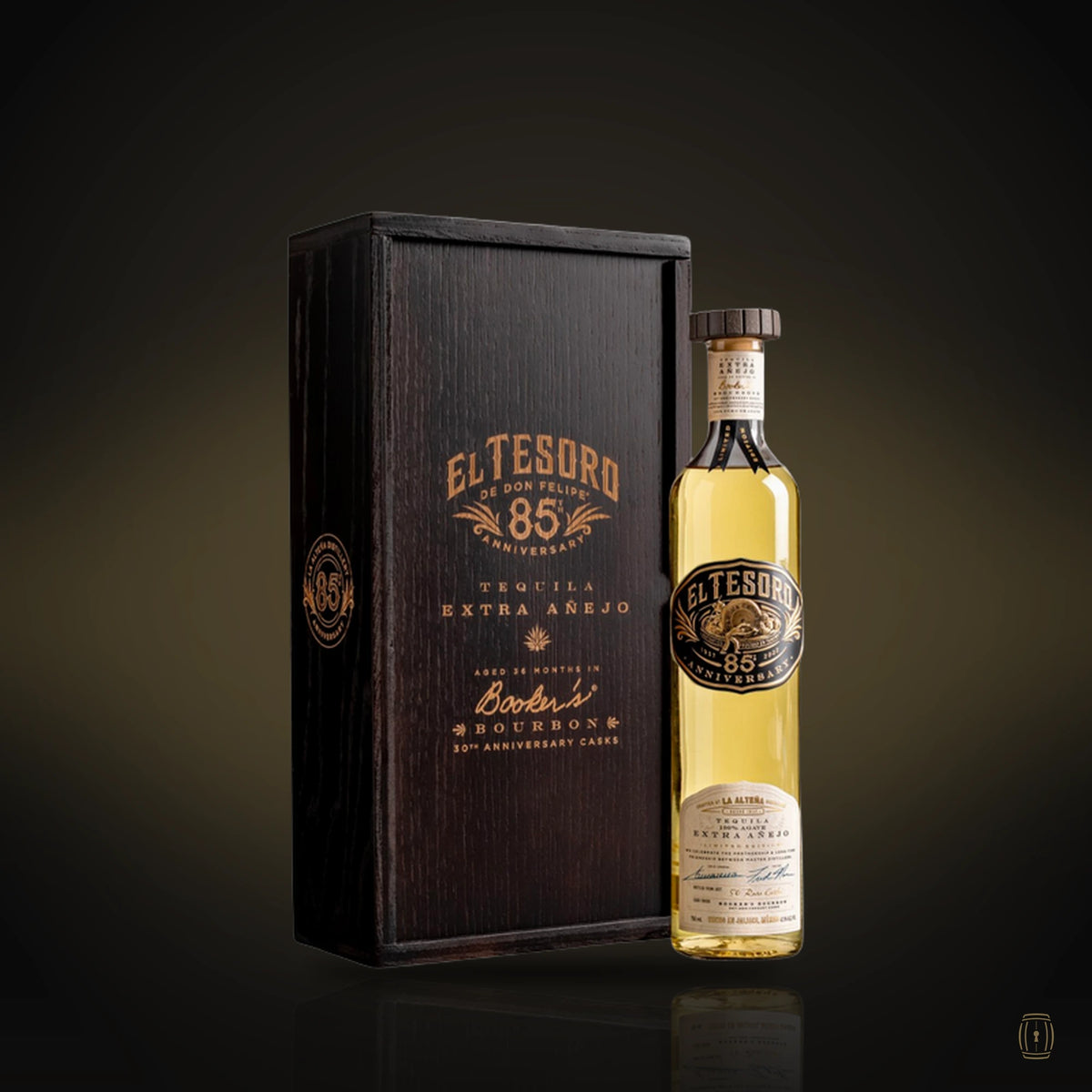 El Tesoro 85th Anniversary extra añejo tequila bottle with dark wooden box