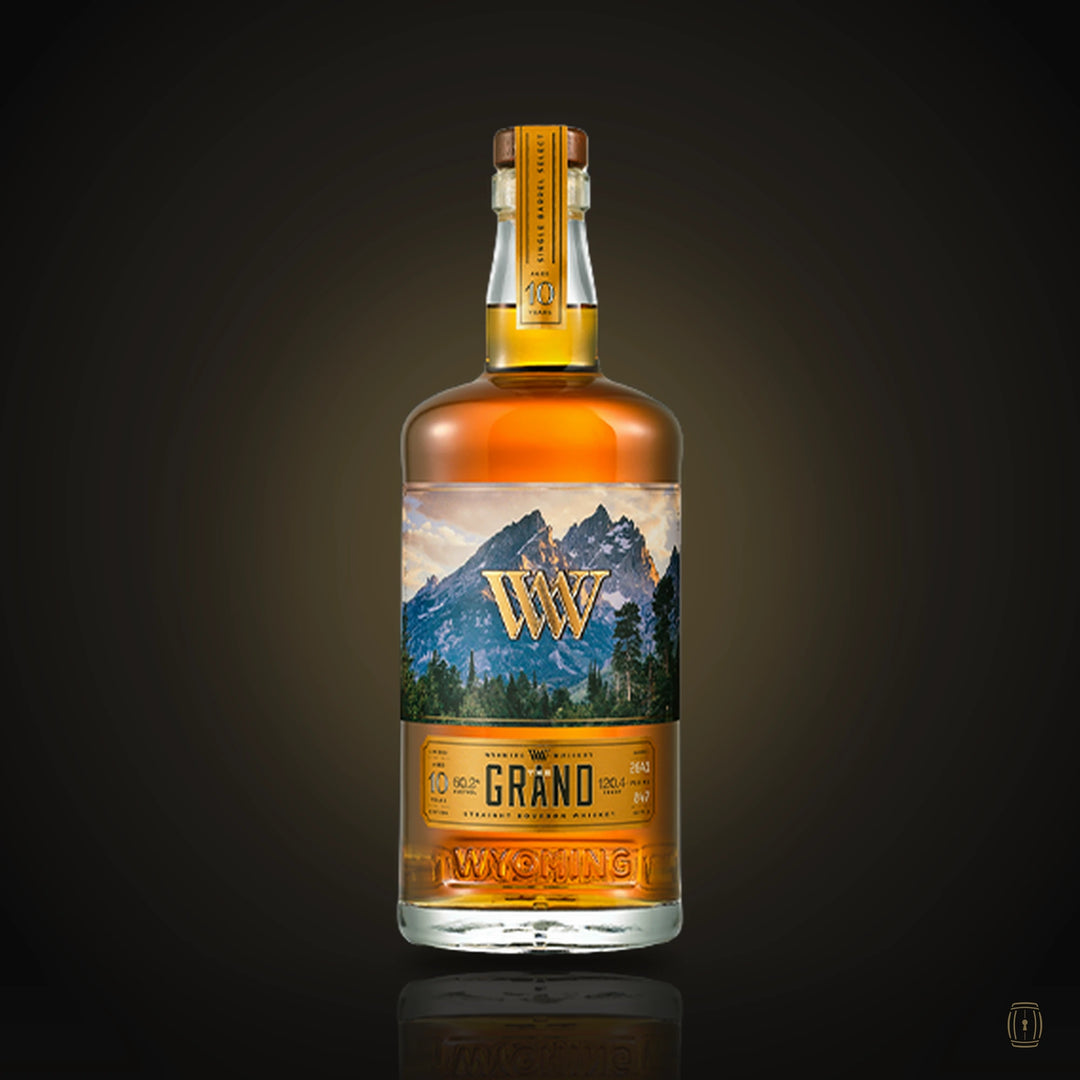 Wyoming Whiskey The Grand Barrel bourbon bottle with Teton mountain label