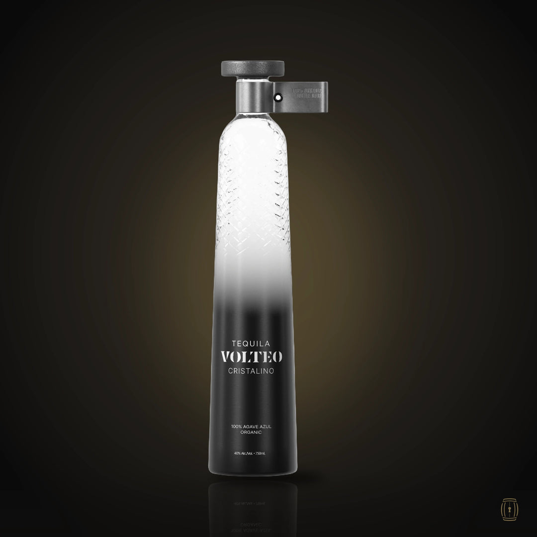 Volteo Cristalino tequila bottle with clear-to-black gradient glass