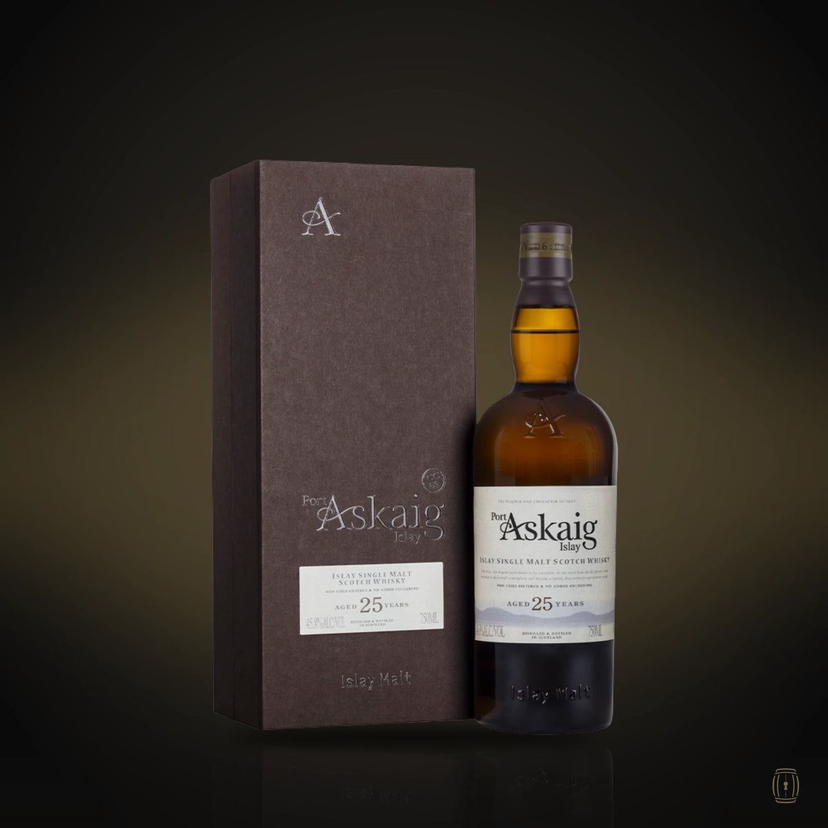 Port Askaig 25 Year Old Islay single malt bottle with brown presentation box