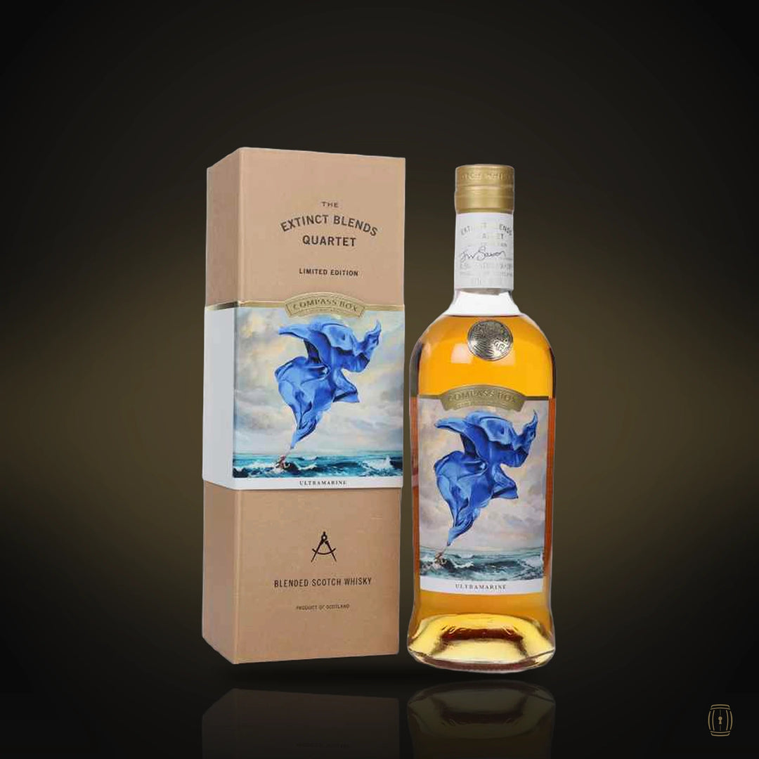 Compass Box Ultramarine blended Scotch bottle with blue painted label and kraft box