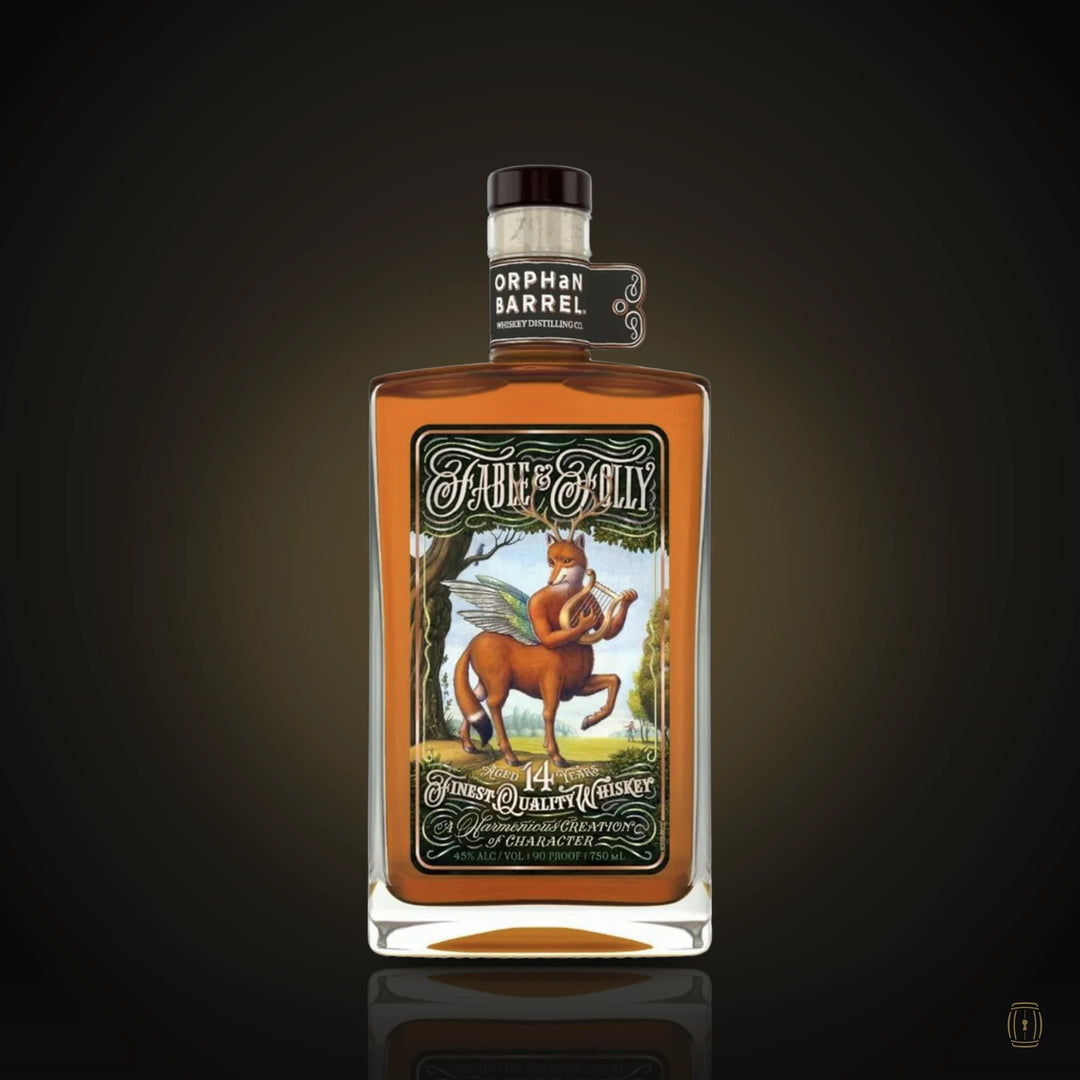 Orphan Barrel Fable and Folly 14 year whiskey bottle with storybook label