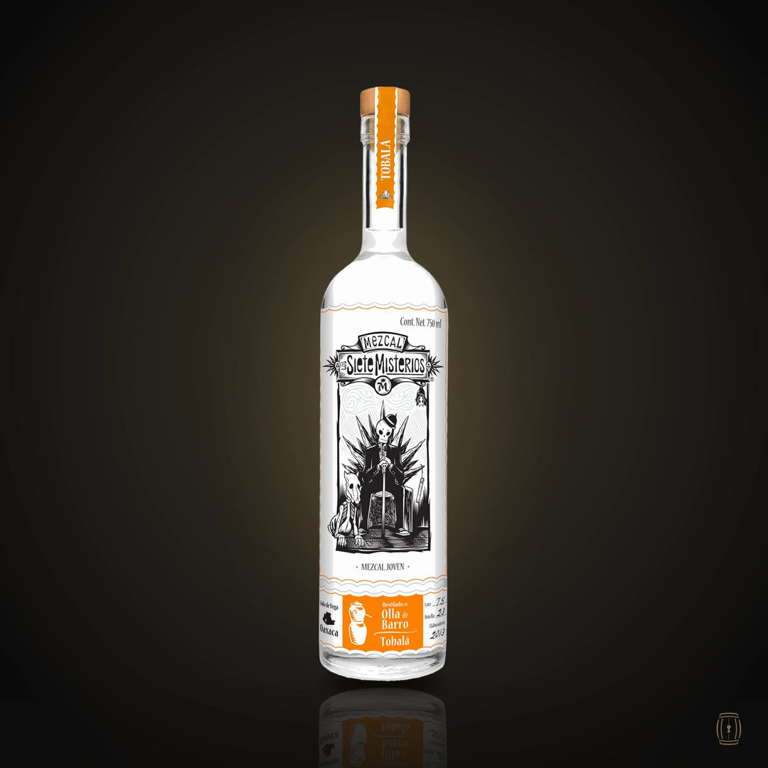 Siete Misterios Tobalá mezcal bottle with agave illustration label