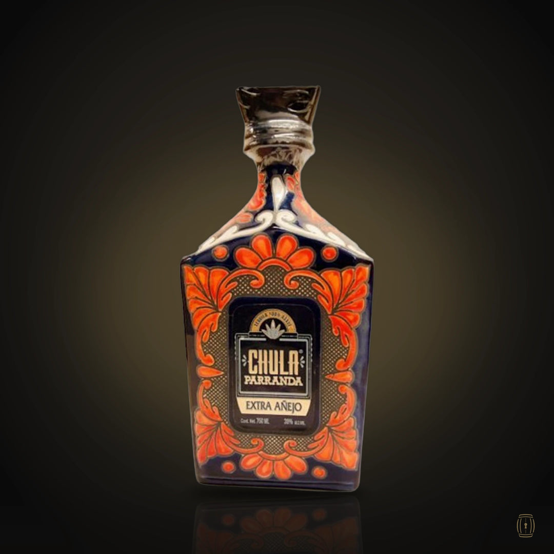 Chula Parranda extra añejo tequila blue and orange Talavera ceramic bottle