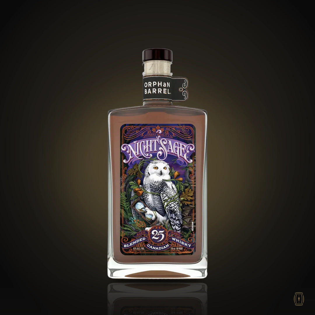 Orphan Barrel Night Sage 25 year Canadian whisky bottle with snowy owl label