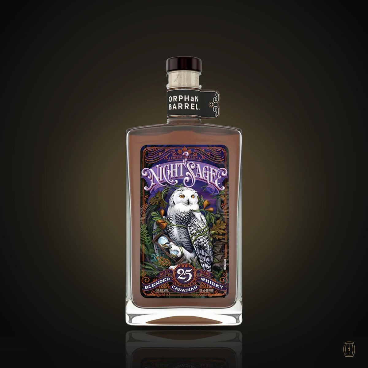 Orphan Barrel Night Sage 25 year Canadian whisky bottle with snowy owl label