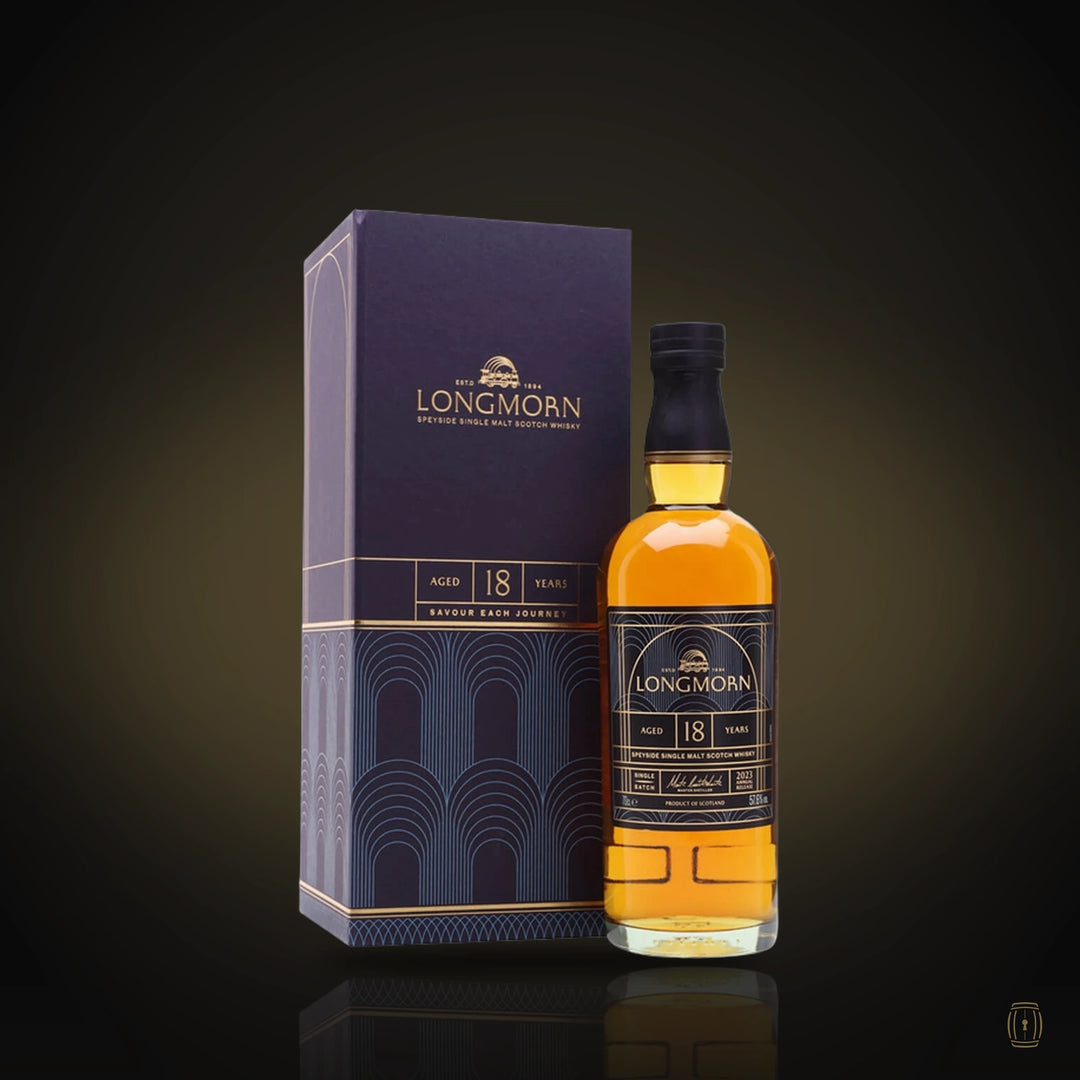Longmorn 18 Year Old Speyside single malt bottle with purple box