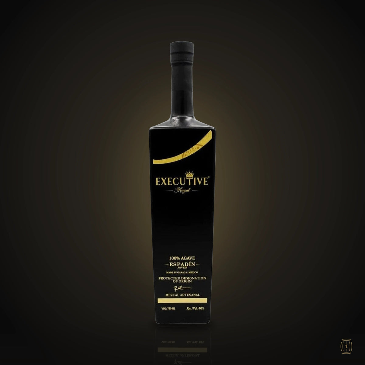 Executive Mezcal Espadín tall black bottle with gold script