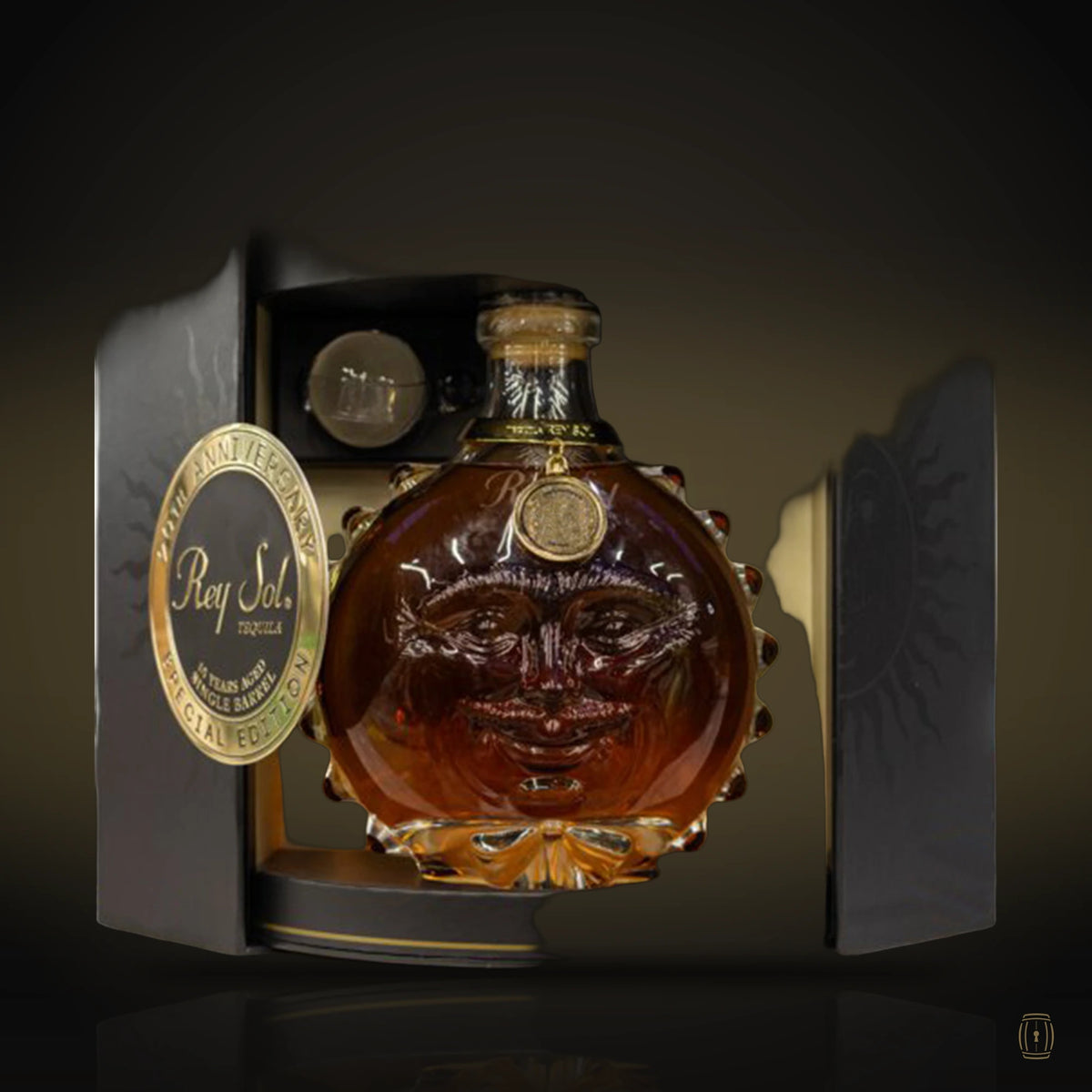 Rey Sol 20th Anniversary extra añejo tequila sun decanter in black display case