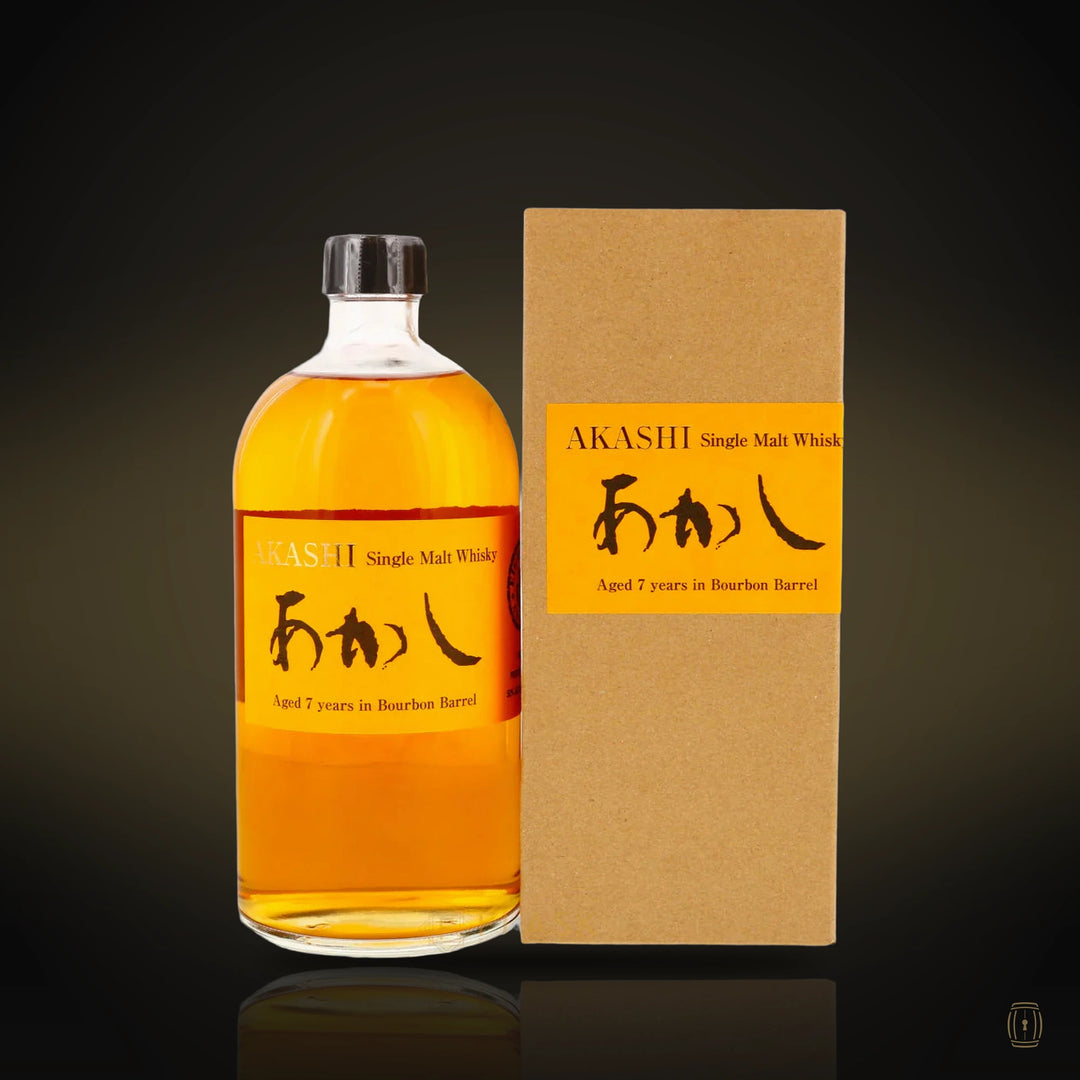Akashi 7 Year Old Bourbon Barrel Japanese single malt bottle with orange label and box