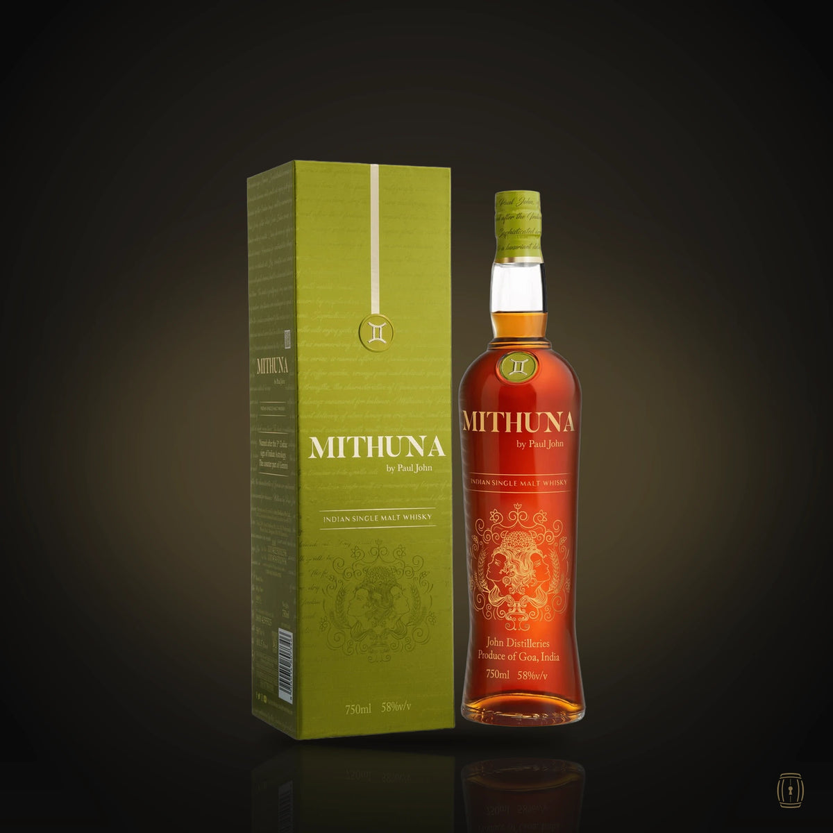 Paul John Mithuna Indian single malt bottle with green Gemini box