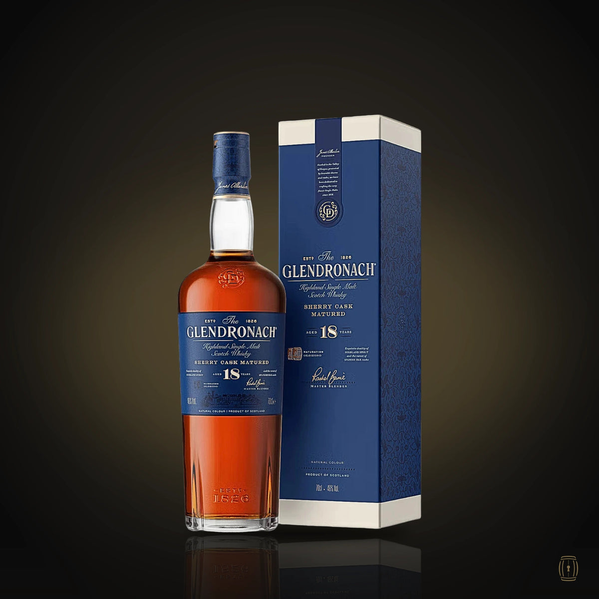 The GlenDronach 18 Year Old Allardice single malt bottle with blue box