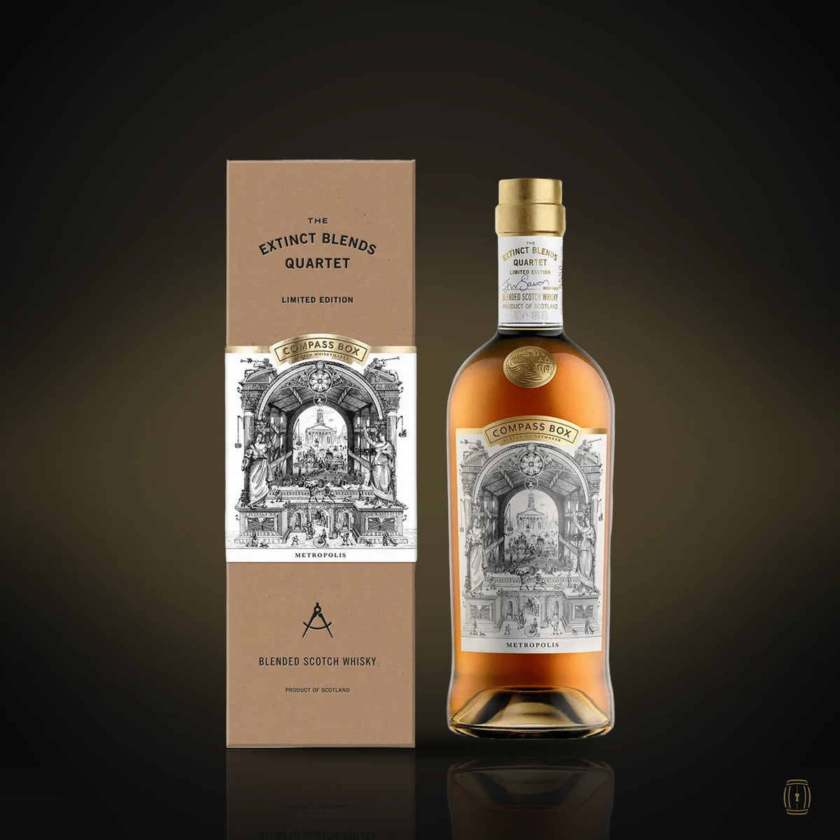 Compass Box Metropolis blended Scotch bottle with engraved city label and kraft box