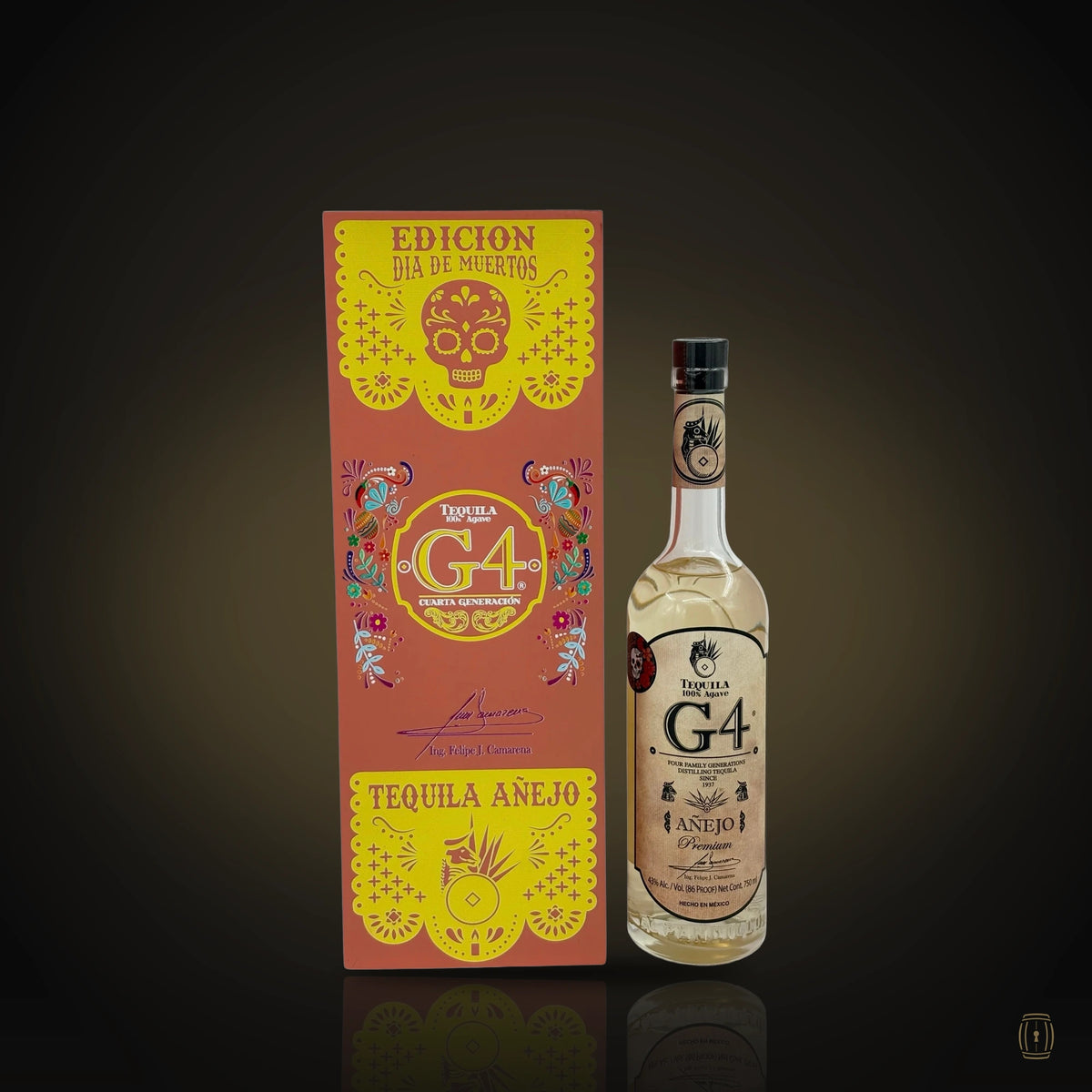 G4 Añejo de Madera Día de Muertos tequila bottle with orange papel picado box