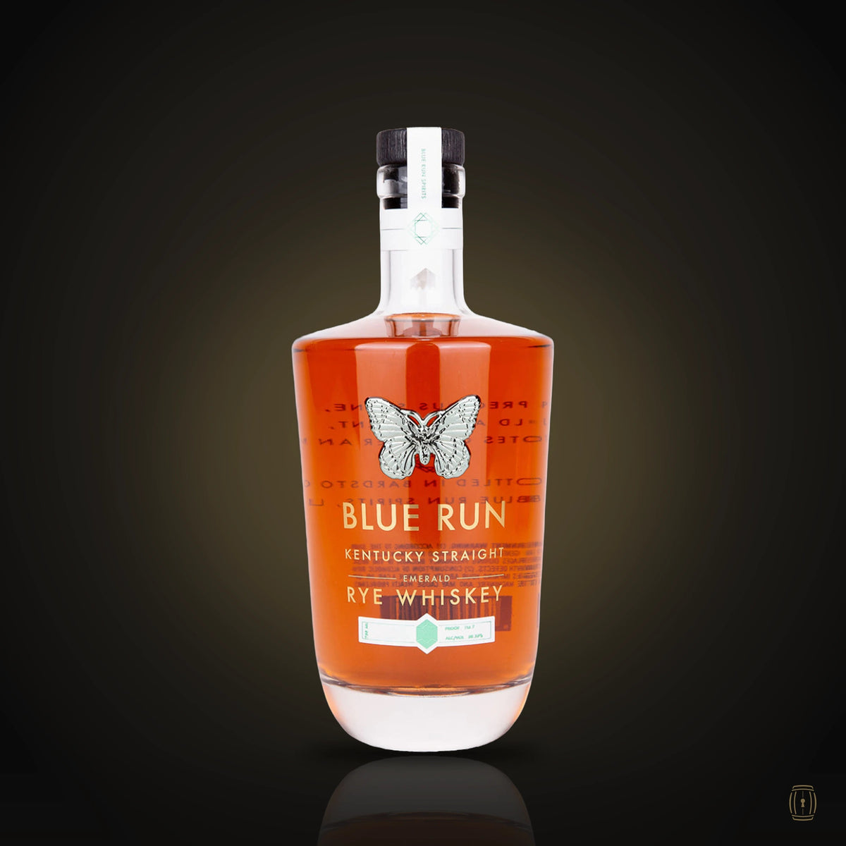 Blue Run Emerald Single Barrel rye whiskey bottle with butterfly label