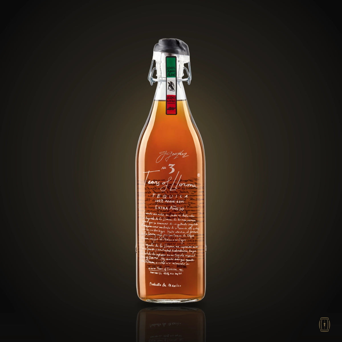 Tears of Llorona No. 3 extra añejo tequila swing-top bottle