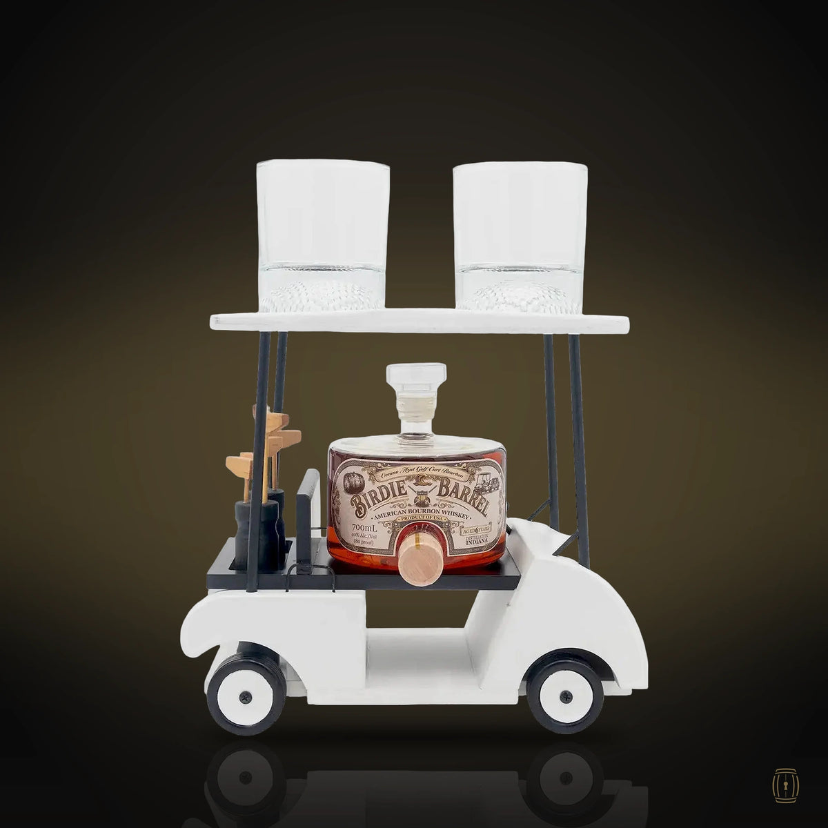 Oceano Azul Birdie Barrel bourbon decanter on miniature golf cart with glasses