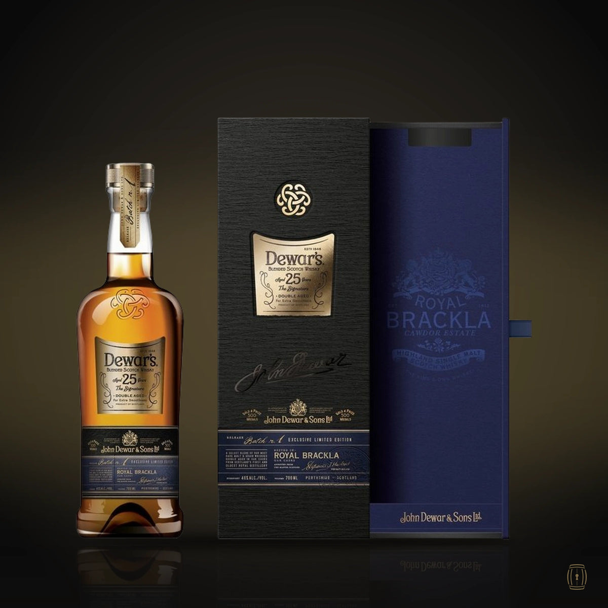 Dewar's The Signature 25 Year Old blended Scotch bottle with black box
