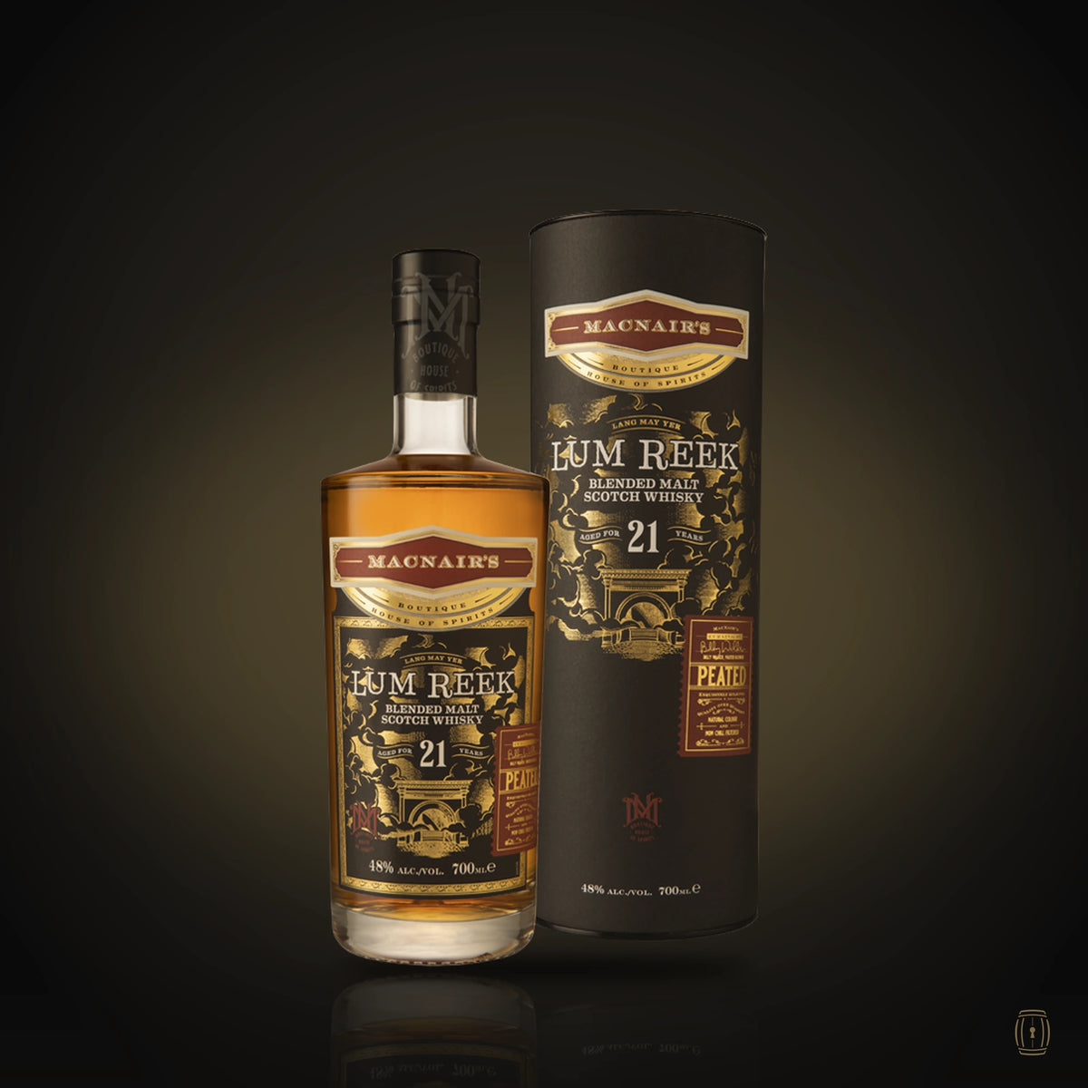 MacNair's Lum Reek 21 Year Old peated blended malt bottle with tube