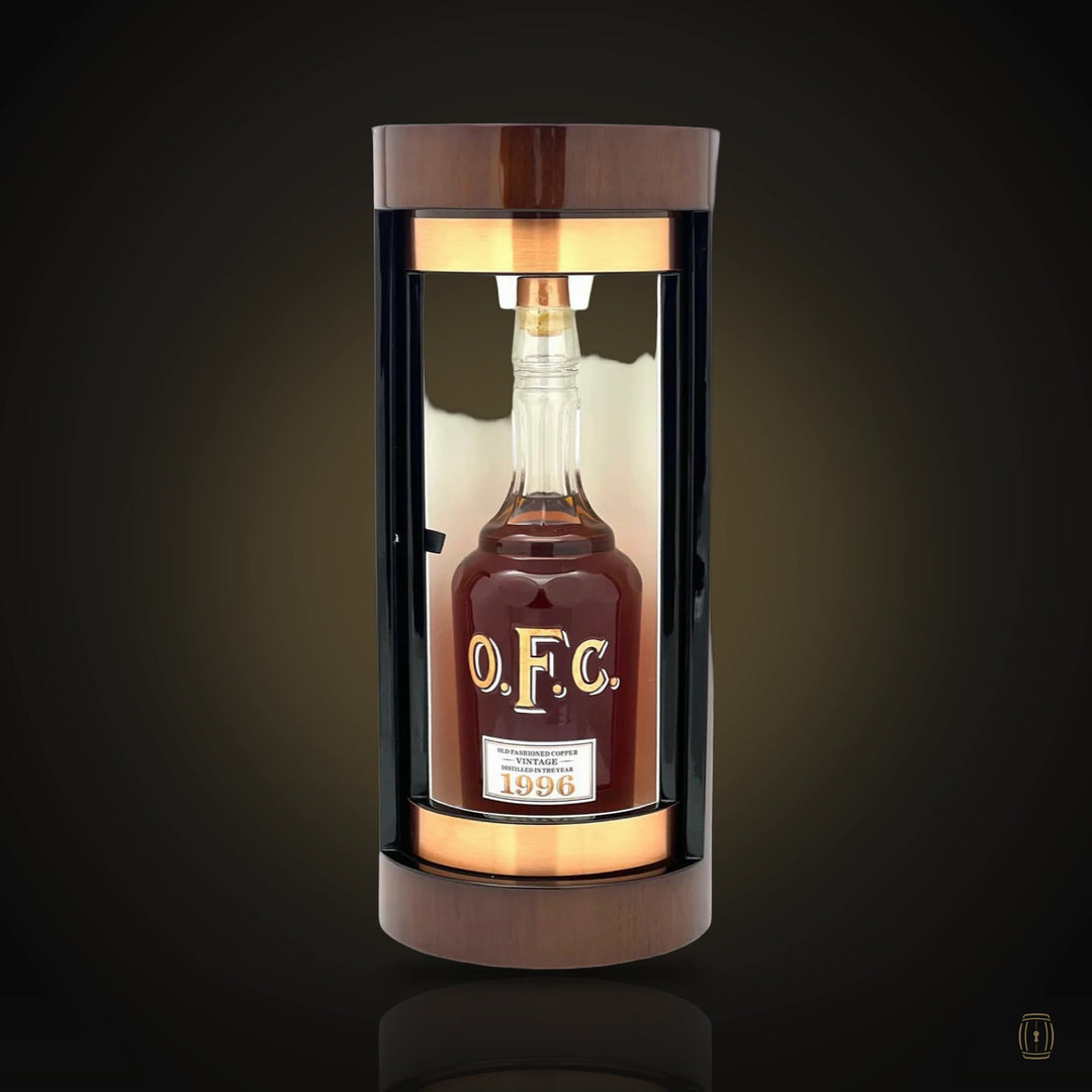 Buffalo Trace O.F.C. 1996 bourbon decanter in illuminated wooden display case
