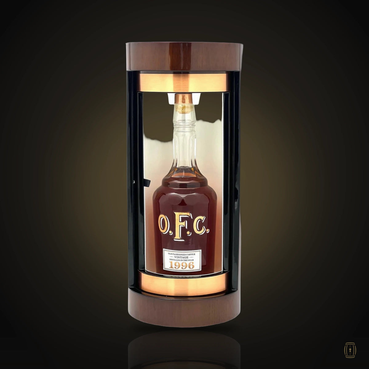 Buffalo Trace O.F.C. 1996 bourbon decanter in illuminated wooden display case