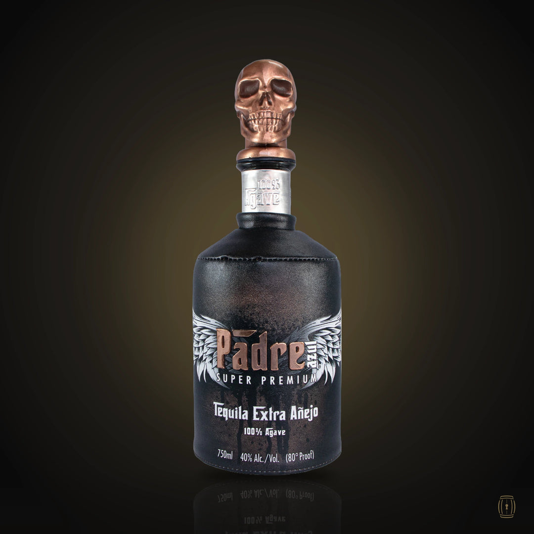 Padre Azul Extra Añejo tequila black bottle with copper skull stopper