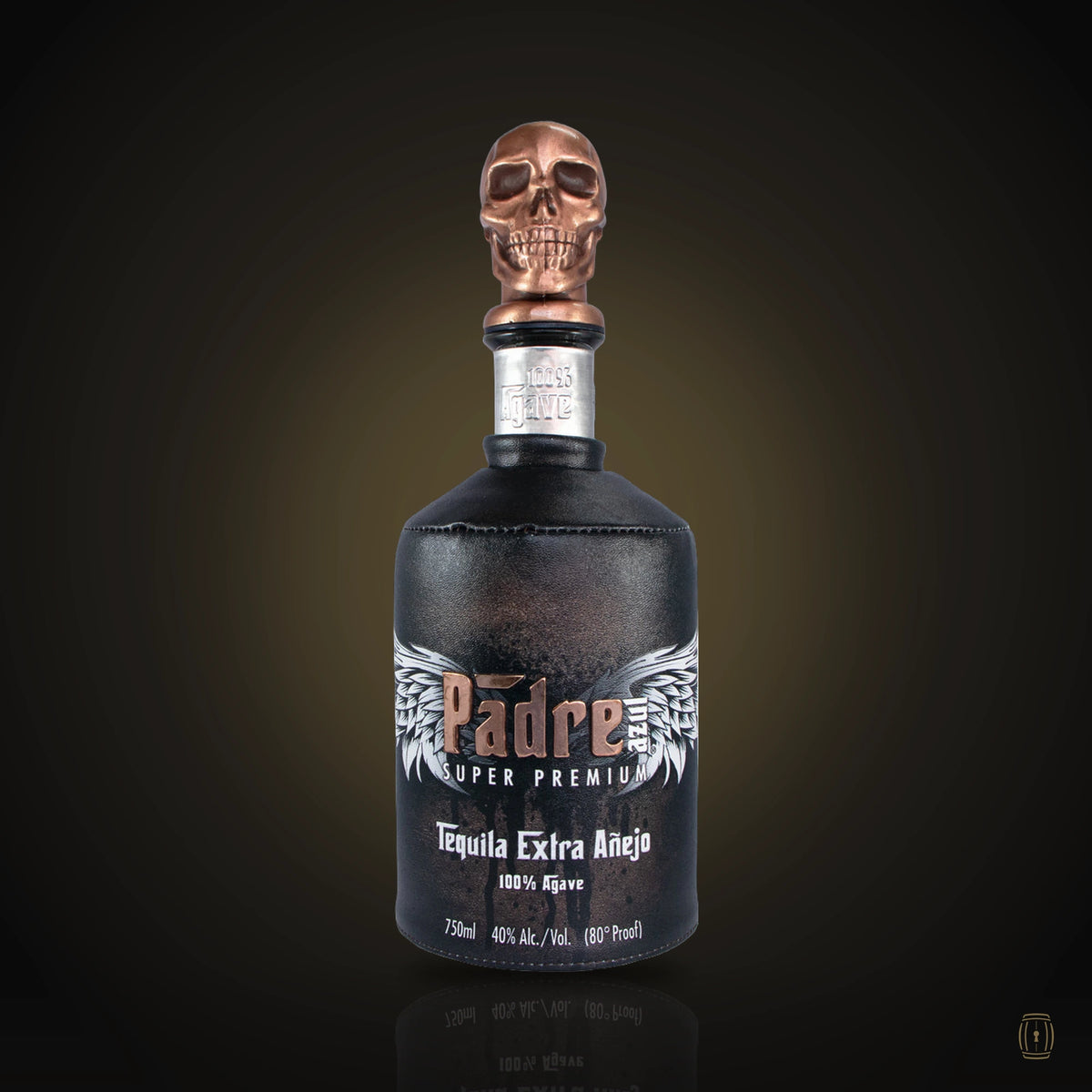 Padre Azul Extra Añejo tequila black bottle with copper skull stopper