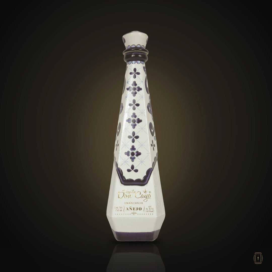 Don Cayo Añejo blue and white ceramic decanter