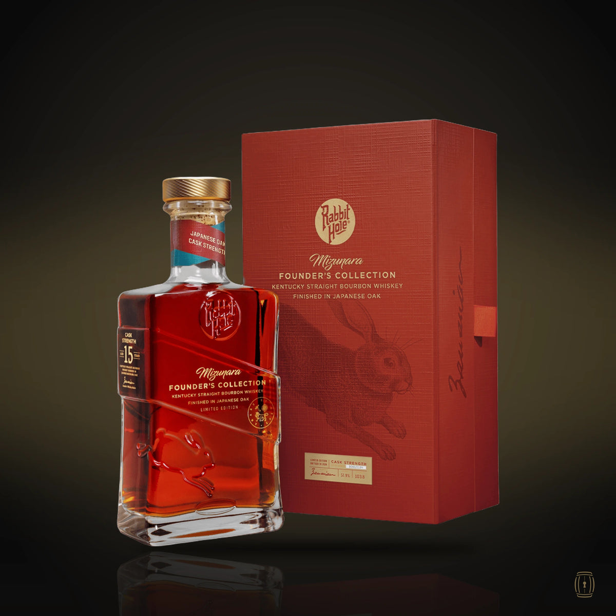 Rabbit Hole Mizunara Founder's Collection bourbon bottle with red gift box