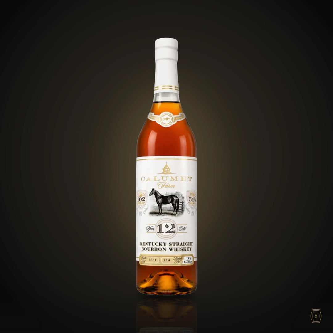 Calumet Farm 12 Year Old bourbon bottle with racehorse label
