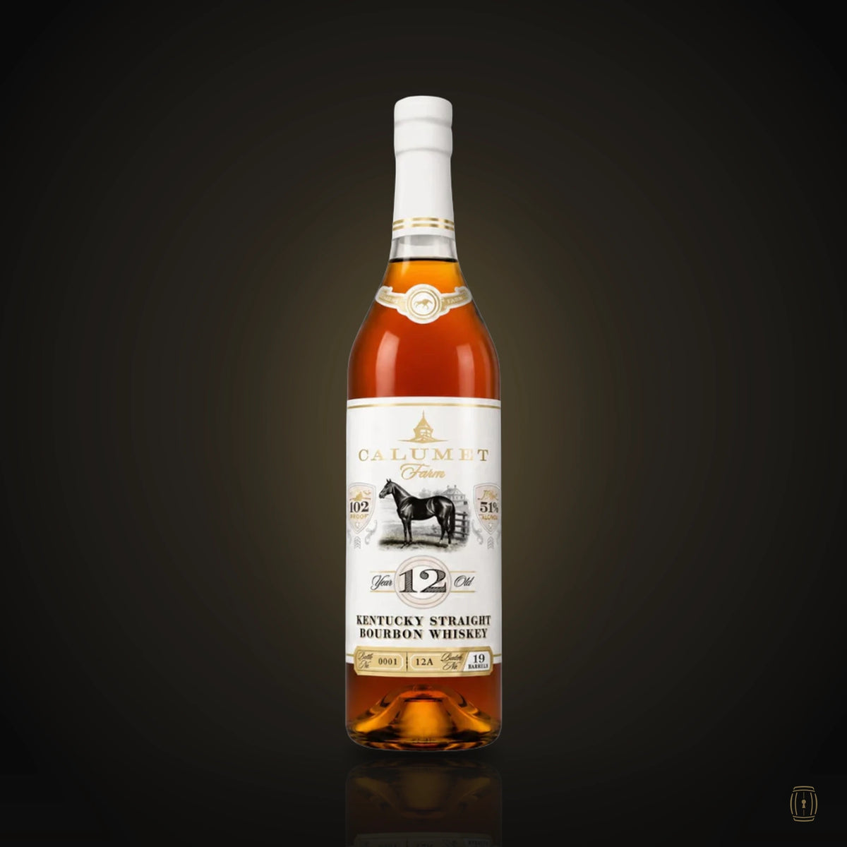 Calumet Farm 12 Year Old bourbon bottle with racehorse label
