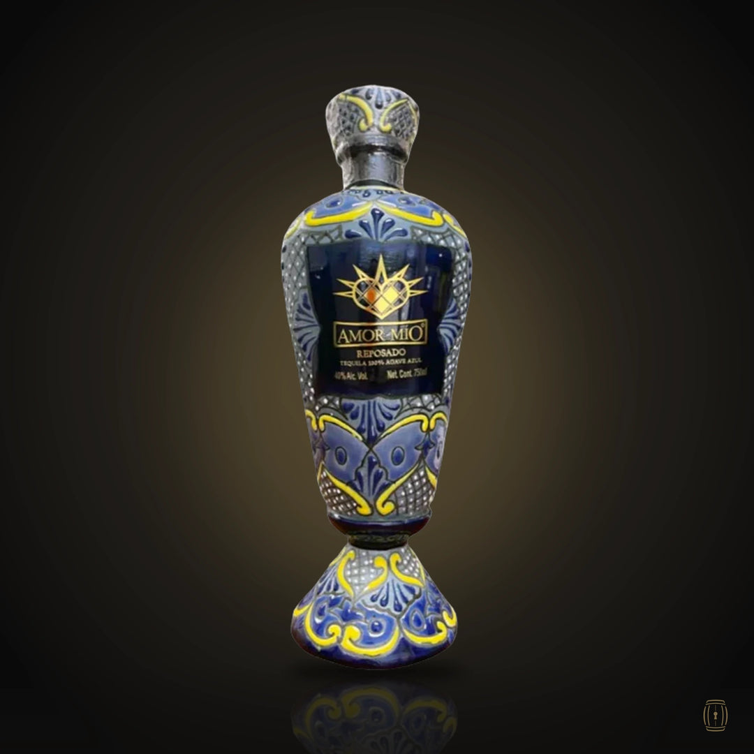 Amor Mio Reposado blue and gold hand-painted ceramic bottle