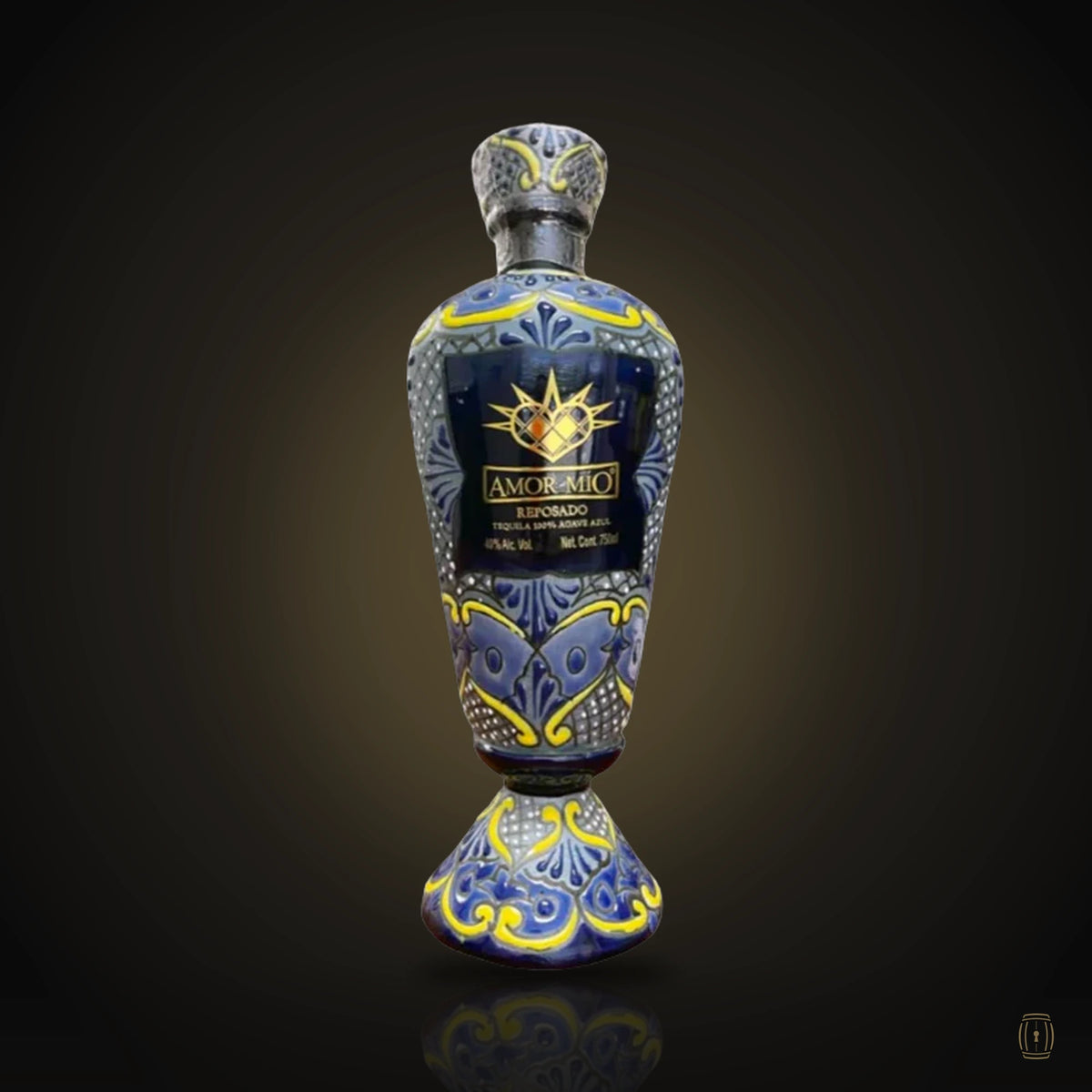 Amor Mio Reposado blue and gold hand-painted ceramic bottle