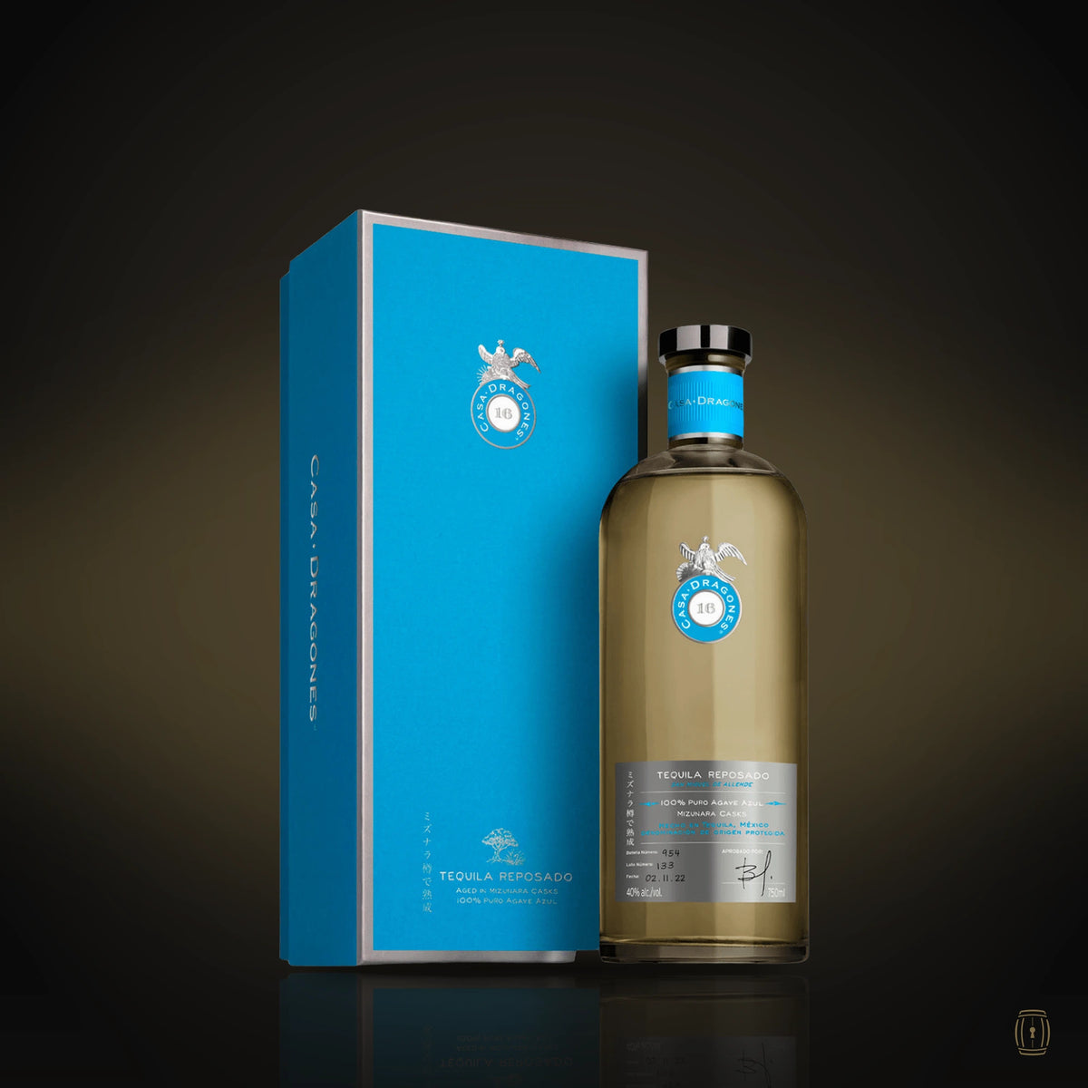 Casa Dragones Reposado Mizunara bottle with blue box
