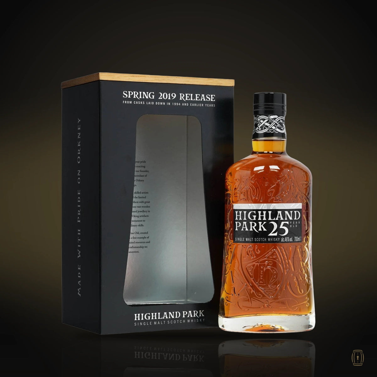Highland Park 25 Year Old Spring 2019 Release bottle in black frame box