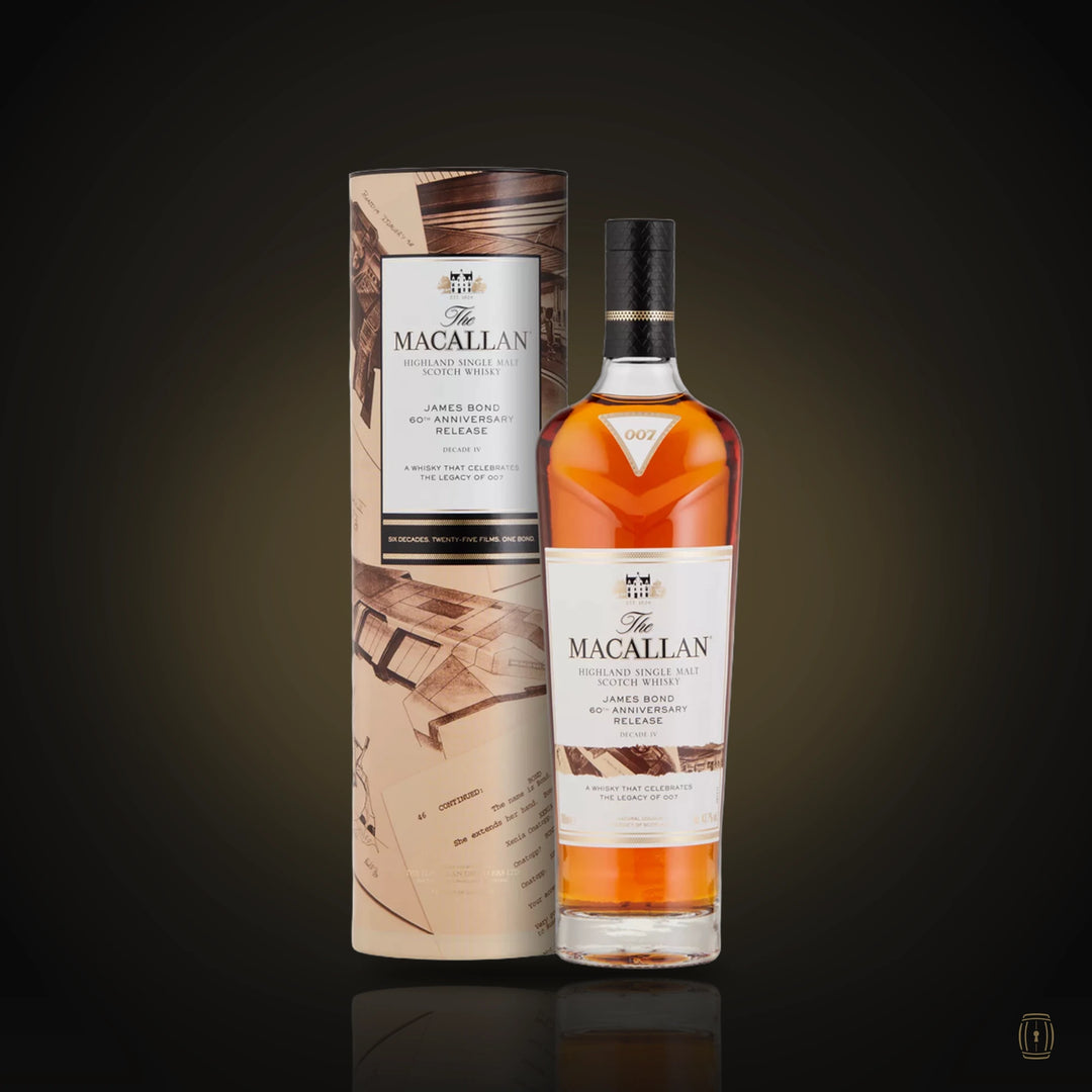 The Macallan James Bond 60th Anniversary Decade IV bottle with illustrated tube