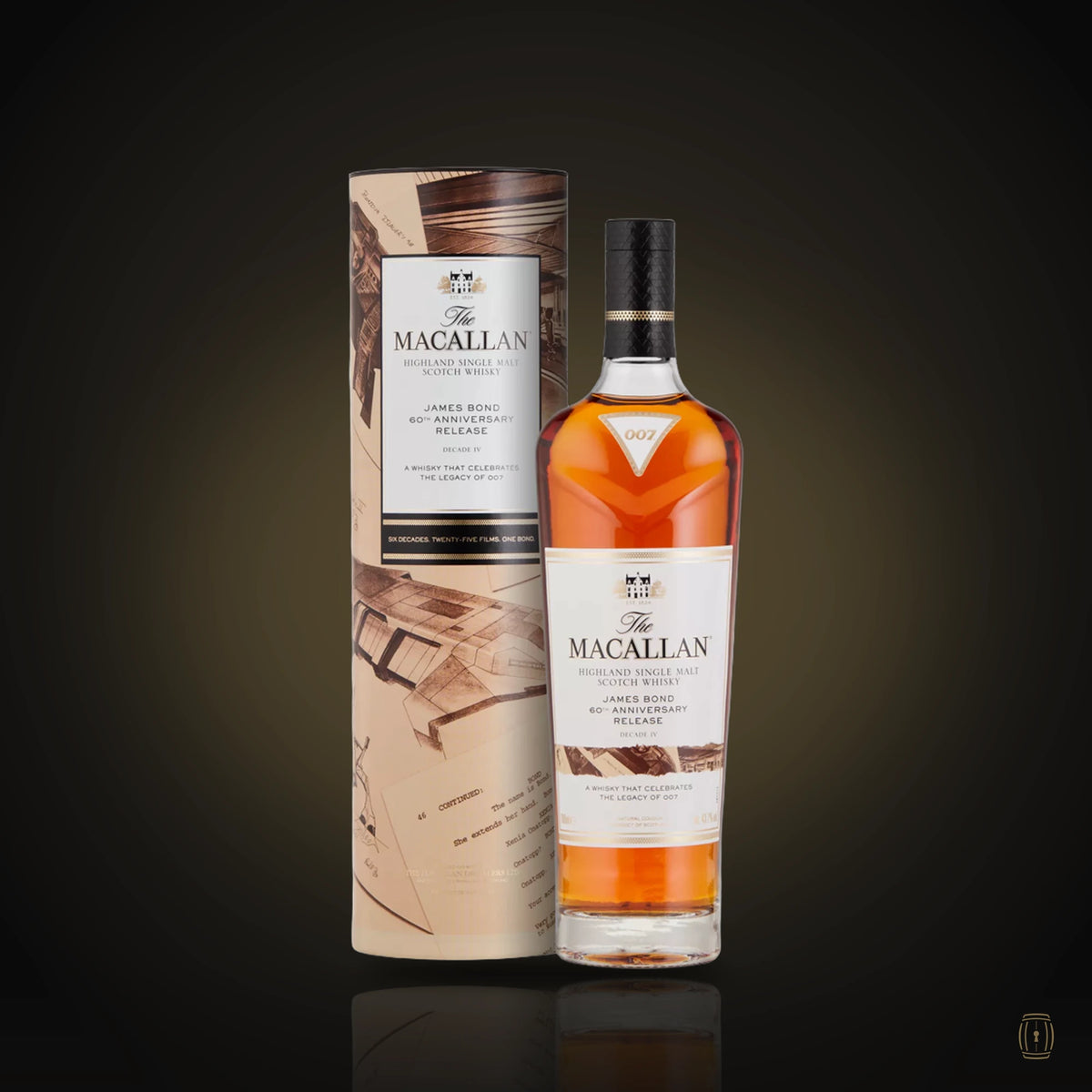 The Macallan James Bond 60th Anniversary Decade IV bottle with illustrated tube
