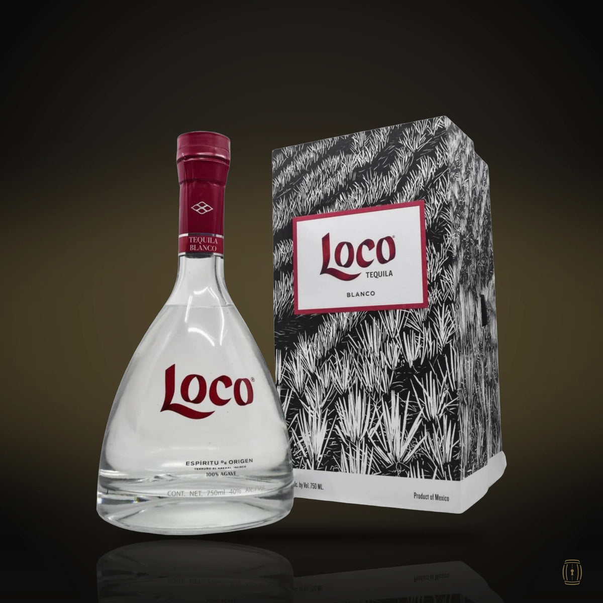 Loco Tequila Blanco bottle with Jan Hendrix case