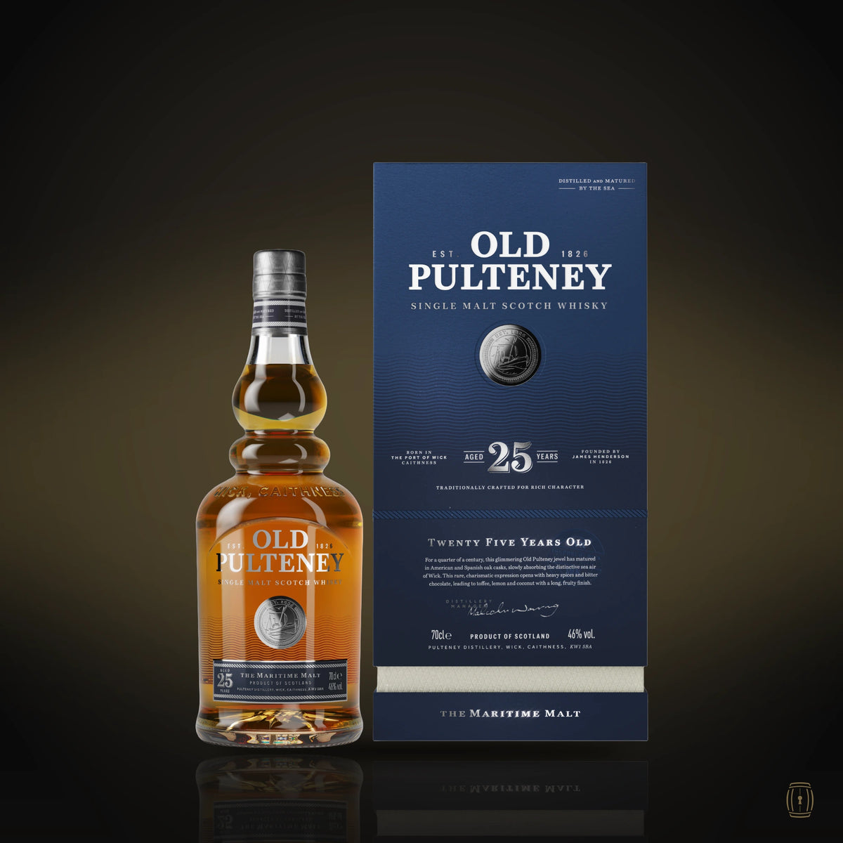 Old Pulteney 25 Year Old single malt Scotch whisky bottle with navy blue box